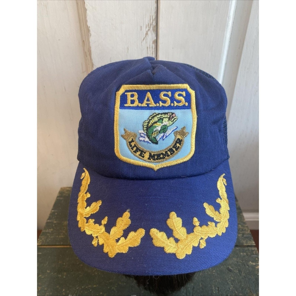 VTG SNAPBACK Fishing CAP BASS LIFE Baseball‎ Gold Leaf Truckers Navy Mesh IP USA